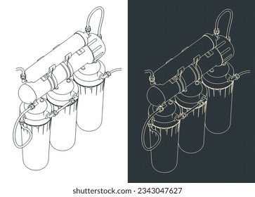 Stylized vector illustrations of isometric blueprints of reverse osmosis system