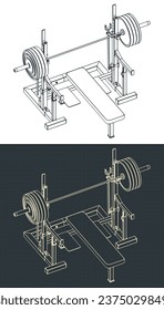 Stylized vector illustrations of isometric blueprints of press weight adjustable squat rack bench