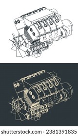 Stylized vector illustrations of isometric blueprints of turbo diesel engine