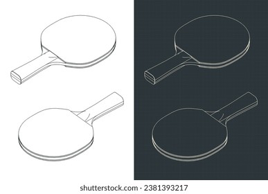 Stylized vector illustrations of isometric blueprints of table tennis racket