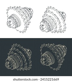 Stylized vector illustrations of isometric blueprints of chain sprocket transmission