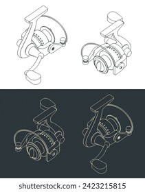 Ilustraciones vectoriales estilizadas de planos isométricos de carrete de pesca