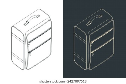 Stylized vector illustrations of isometric blueprints of spacious travel suitcase