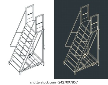 Stylized vector illustrations of isometric blueprints of rolling steel ladder