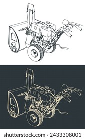 Ilustraciones vectoriales estilizadas de planos isométricos de quitanieves