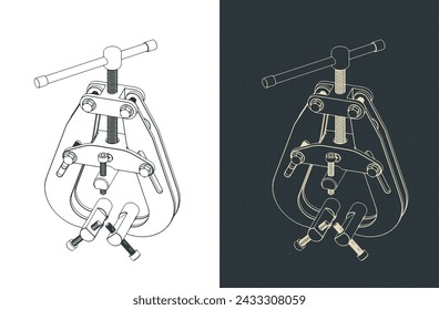 Stylized vector illustrations of isometric blueprints of a tube welding clamp