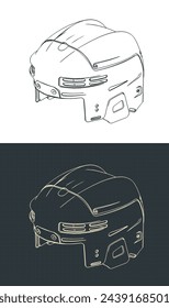 Stylized vector illustrations of isometric blueprints of hockey helmet