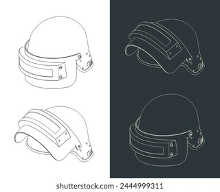 Ilustraciones vectoriales estilizadas de planos isométricos del casco de soldado de las fuerzas especiales