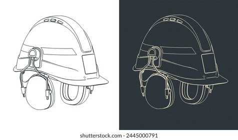 Stylized vector illustrations of isometric blueprints of industrial safety helmet with ear muffs