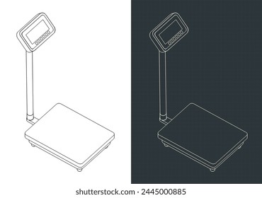 Stylized vector illustrations of isometric blueprints of industrial weighing scale