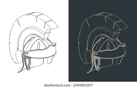 Stylized vector illustrations of isometric blueprints of a Roman legionary helmet