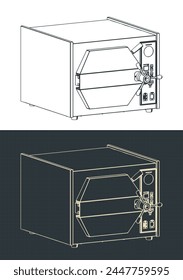 Stylized vector illustrations of isometric blueprints of autoclave sterilizer lab equipment