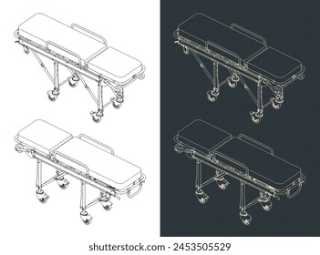 Stylized vector illustrations of isometric blueprints of stretchers for ambulances and rescue vehicles