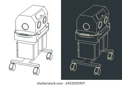 Ilustraciones vectoriales estilizadas de planos isométricos de una incubadora para bebés