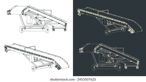 Ilustraciones vectoriales estilizadas de planos isométricos de una cinta transportadora móvil