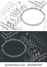 Ilustraciones vectoriales estilizadas de planos isométricos de refinería