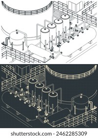 Ilustraciones vectoriales estilizadas de planos isométricos de refinería