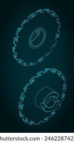 Stylized vector illustrations of isometric blueprints of disc mill cutter