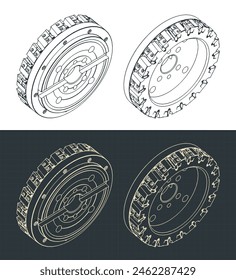 Stylized vector illustrations of isometric blueprints of disc mill cutter