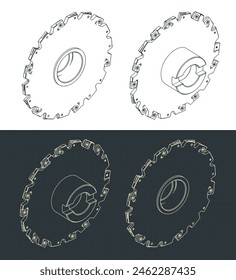 Stylized vector illustrations of isometric blueprints of disc mill cutter