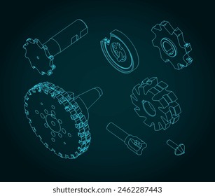 Stylized vector illustrations of isometric blueprints of different milling cutters