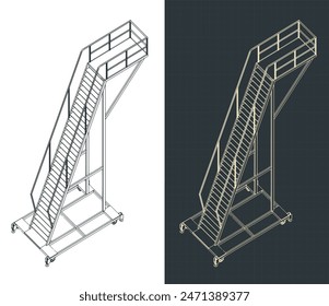 Stylized vector illustrations of isometric blueprints of a mobile work platform