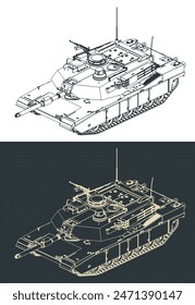 Stylized vector illustrations of isometric blueprints of a US army main battle tank - M1 Abrams
