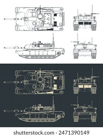 Stylized vector illustrations of isometric blueprints of a US army main battle tank - M1 Abrams