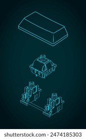 Stylized vector illustrations of isometric blueprints of a switch with stabilizer and keycap for mechanical keyboard