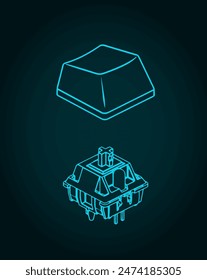 Stylized vector illustrations of isometric blueprints of a switch and keycap for mechanical keyboard