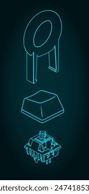 Stylized vector illustrations of isometric blueprints of mechanical keyboard switche, keycap and key puller