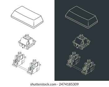 Stylized vector illustrations of isometric blueprints of a switch with stabilizer and keycap for mechanical keyboard