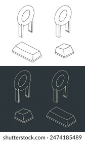 Stylized vector illustrations of isometric blueprints of keyboard keycaps and key puller