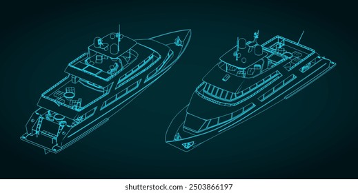 Stylized vector illustrations of isometric blueprints of a luxury yacht