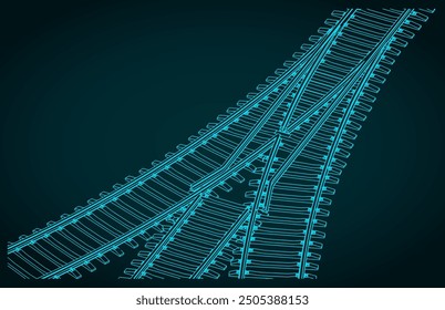 Stylized vector illustrations of isometric blueprints of a fork in the railway tracks