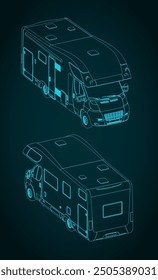 Stylized vector illustrations of isometric blueprints of a camper van