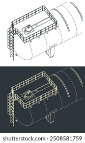 Ilustraciones vectoriales estilizadas de planos isométricos de un Grande tanque de almacenamiento Horizontal de cerca