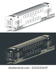 Ilustraciones vectoriales estilizadas de planos isométricos de un vagón de dos pisos