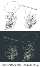 Stylized vector illustrations of isometric blueprints of a french horn