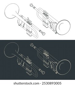 Ilustrações vetoriais estilizadas de esquemas isométricos de um trompete sem cruzes