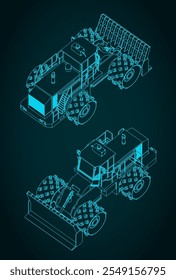 Ilustrações vetoriais estilizadas de projetos isométricos do compactador de aterro