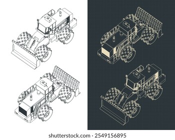 Ilustrações vetoriais estilizadas de projetos isométricos do compactador de aterro