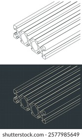 Stylized vector illustrations of isometric blueprints of aluminum profile