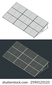 Stylized vector illustrations of isometric blueprints of stationary solar panels