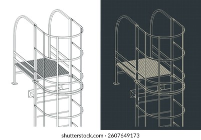 Stylized vector illustrations of isometric blueprints of fire escape