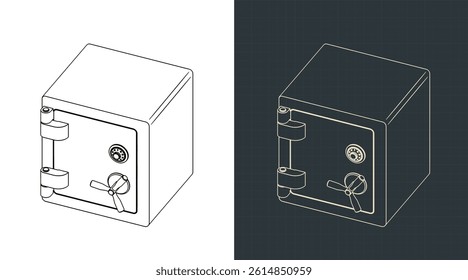 Stylized vector illustrations of isometric blueprints of a classic safe box
