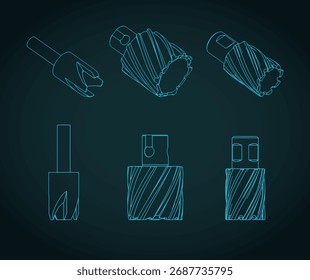 Stylized vector illustrations of isometric blueprints of different annular cutters