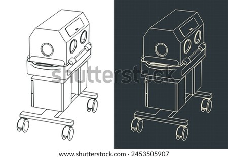 Stylized vector illustrations of isometric blueprints of a baby Incubator