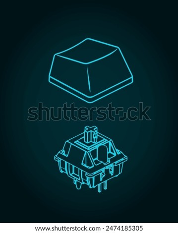 Stylized vector illustrations of isometric blueprints of a switch and keycap for mechanical keyboard