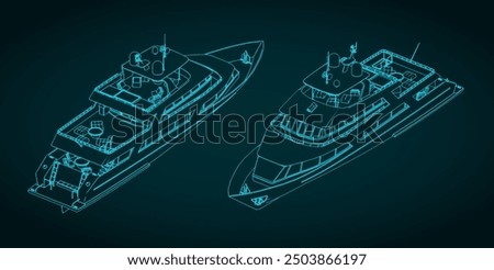 Stylized vector illustrations of isometric blueprints of a luxury yacht